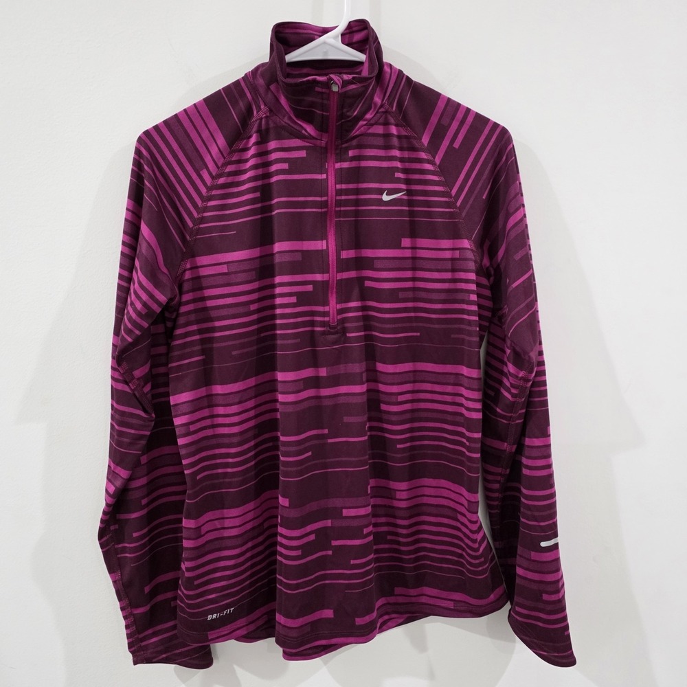 Nike Womens Dri Fit Sweater Size Large Quarter Zip Striped Pink Workout Gym